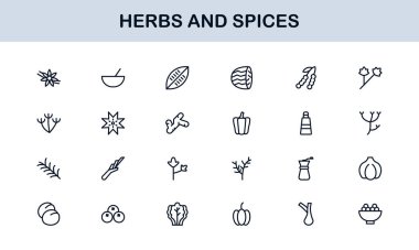 Bitki ve Baharat Hattı Simge Koleksiyonu. Yaratıcı, gurme ve doğal ürün uygulamaları için basit bir doğrusal tasarım içinde eşsiz, organik otlar ve baharat ikonu paketi.