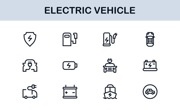 Набор иконок линии электромобиля. Современные, минимальные, профессиональные иконки линии электромобильности, демонстрирующие технологии EV, зарядки, аккумулятора, автомобиля и концепции устойчивого развития.