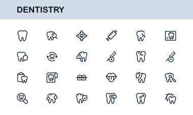 Diş aletleri ve oral bakım çizgisi simgesi seti. Diş ve hijyen tasarımı için modern profesyonel vektör simgesi koleksiyonu