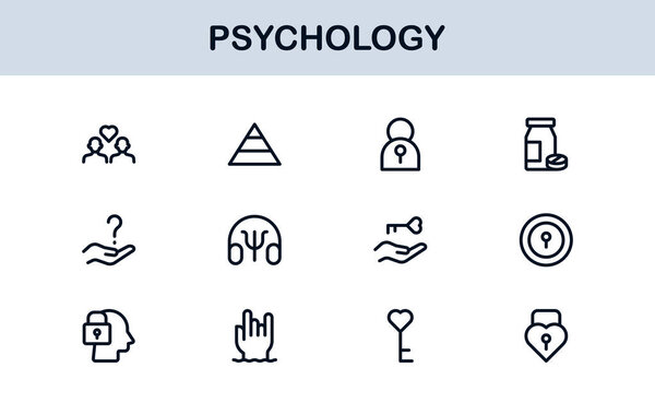 Psychology Line Icons Collection. Editable Vector Set for Mind, Emotions, Brain Research, Counseling, and Mental Wellness Design Projects