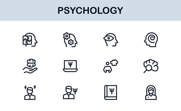 Psychology Line Icons Collection. Editable Vector Set for Mind, Emotions, Brain Research, Counseling, and Mental Wellness Design Projects
