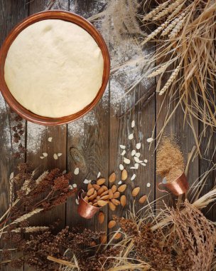 Karanlık bir arka plan üzerinde bakır bir kapta hamur kabartma. Hamur ve diğer malzemeler için Paskalya kek