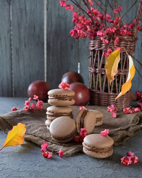 Handmade cake macaron with chocolate filling and autumn leaves