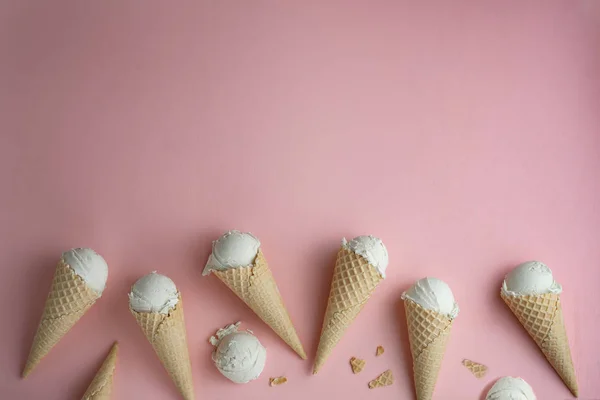 Homemade Pistachio Ice Cream Waffle Cones Pink Background Copy Space — Stock Photo, Image