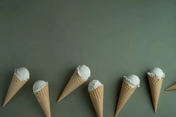 Homemade Pistachio Ice Cream Waffle Cones Green Background Copy Space — Stock Photo, Image