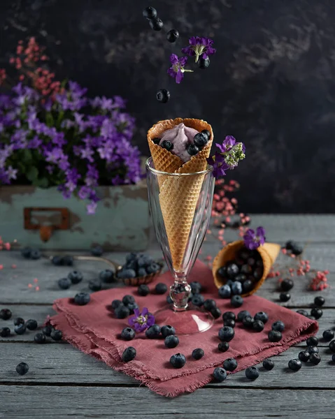 Blueberry Ice Cream Waffle Cone Surrounded Purple Flowers Berries Summer — Stock Photo, Image