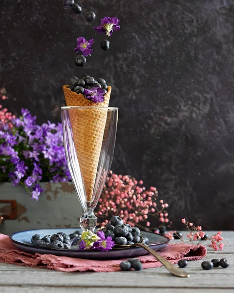 Blueberry Ice Cream Waffle Cone Surrounded Purple Flowers Berries Summer — Stock Photo, Image