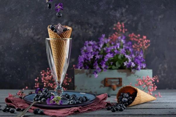 Blueberry Ice Cream Waffle Cone Surrounded Purple Flowers Berries Summer — Stock Photo, Image