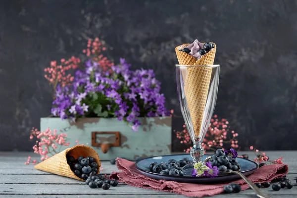 Blueberry Ice Cream Waffle Cone Surrounded Purple Flowers Berries Summer — Stock Photo, Image