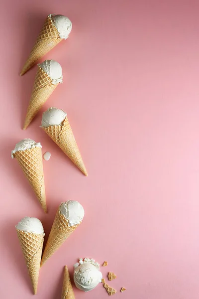 Balls Ice Cream Waffle Cones Pink Background Vertical Copy Space — Stock Photo, Image