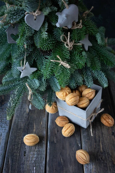 Decoraciones Navidad Diy Cemento Galletas Forma Nuez Rellenas Caramelo Salado — Foto de Stock