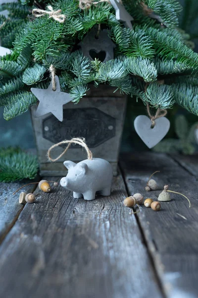 Decoraciones Navidad Bricolaje Cemento Árbol Navidad Rama Abeto Fresco Estilo — Foto de Stock