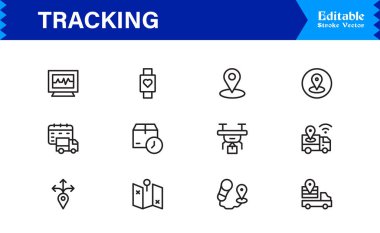 İzleme çizgisi simgesi seti piksel olarak mükemmel, düzenlenebilir vektör grafikleri içerir. Lojistik ve konum hizmetleri için ideal profesyonel, modern ve minimal tasarımları içerir. 