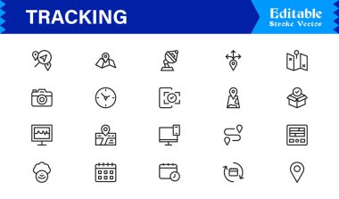 İzleme çizgisi simgesi seti piksel olarak mükemmel, düzenlenebilir vektör grafikleri içerir. Lojistik ve konum hizmetleri için ideal profesyonel, modern ve minimal tasarımları içerir. 