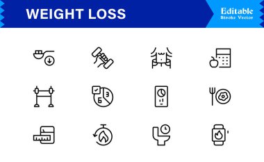 Modern asgari stil, profesyonel sağlık ve fitness koleksiyonuna sahip ağırlık kaybı çizgi simgesi seti, temiz görsel iletişim için eşsiz zayıflatma ve diyet vektör simgeleri, parlak tasarım