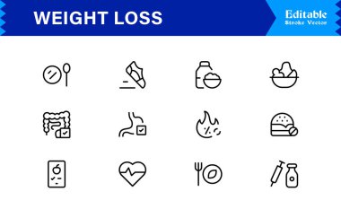 Modern asgari stil, profesyonel sağlık ve fitness koleksiyonuna sahip ağırlık kaybı çizgi simgesi seti, temiz görsel iletişim için eşsiz zayıflatma ve diyet vektör simgeleri, parlak tasarım