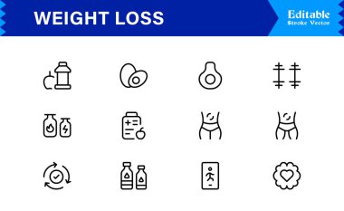 Modern asgari stil, profesyonel sağlık ve fitness koleksiyonuna sahip ağırlık kaybı çizgi simgesi seti, temiz görsel iletişim için eşsiz zayıflatma ve diyet vektör simgeleri, parlak tasarım