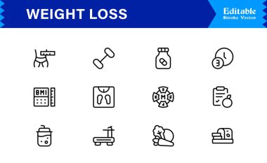 Modern asgari stil, profesyonel sağlık ve fitness koleksiyonuna sahip ağırlık kaybı çizgi simgesi seti, temiz görsel iletişim için eşsiz zayıflatma ve diyet vektör simgeleri, parlak tasarım