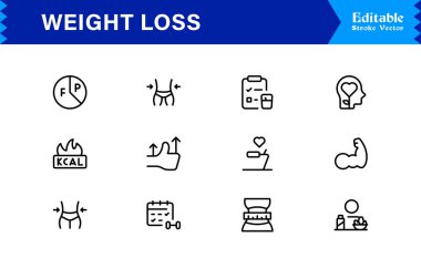 Modern asgari stil, profesyonel sağlık ve fitness koleksiyonuna sahip ağırlık kaybı çizgi simgesi seti, temiz görsel iletişim için eşsiz zayıflatma ve diyet vektör simgeleri, parlak tasarım