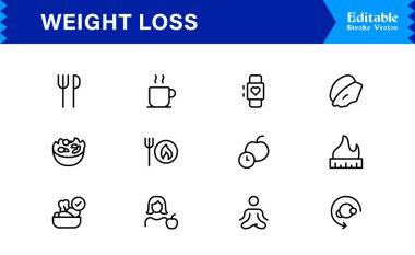 Modern asgari stil, profesyonel sağlık ve fitness koleksiyonuna sahip ağırlık kaybı çizgi simgesi seti, temiz görsel iletişim için eşsiz zayıflatma ve diyet vektör simgeleri, parlak tasarım