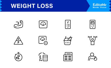 Modern asgari stil, profesyonel sağlık ve fitness koleksiyonuna sahip ağırlık kaybı çizgi simgesi seti, temiz görsel iletişim için eşsiz zayıflatma ve diyet vektör simgeleri, parlak tasarım