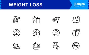 Modern asgari stil, profesyonel sağlık ve fitness koleksiyonuna sahip ağırlık kaybı çizgi simgesi seti, temiz görsel iletişim için eşsiz zayıflatma ve diyet vektör simgeleri, parlak tasarım