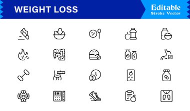 Modern asgari stil, profesyonel sağlık ve fitness koleksiyonuna sahip ağırlık kaybı çizgi simgesi seti, temiz görsel iletişim için eşsiz zayıflatma ve diyet vektör simgeleri, parlak tasarım