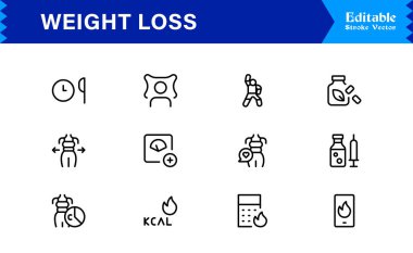 Modern asgari stil, profesyonel sağlık ve fitness koleksiyonuna sahip ağırlık kaybı çizgi simgesi seti, temiz görsel iletişim için eşsiz zayıflatma ve diyet vektör simgeleri, parlak tasarım