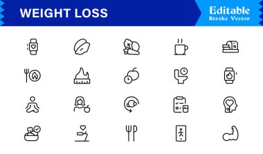 Modern asgari stil, profesyonel sağlık ve fitness koleksiyonuna sahip ağırlık kaybı çizgi simgesi seti, temiz görsel iletişim için eşsiz zayıflatma ve diyet vektör simgeleri, parlak tasarım