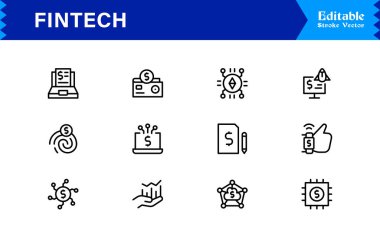 Fintech Satır Düzenlenebilir Simgeleri ayarlandı. Finansal Teknoloji Profesyonel Temiz Hat Simgesi Bulutu, para, dolar, bilgisayar, finans, Düzenlenebilir Koleksiyon 