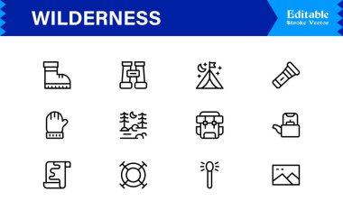 Wilderness line icon set featuring editable, pixel-perfect designs in a simple, clean, and professional style. Ideal for outdoor, survival, and nature-related visuals.