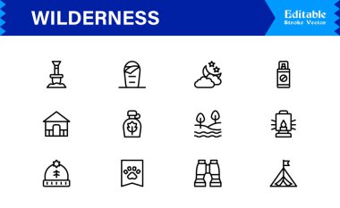 Wilderness line icon set featuring editable, pixel-perfect designs in a simple, clean, and professional style. Ideal for outdoor, survival, and nature-related visuals.