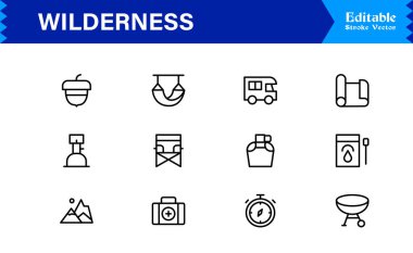 Wilderness line icon set featuring editable, pixel-perfect designs in a simple, clean, and professional style. Ideal for outdoor, survival, and nature-related visuals.