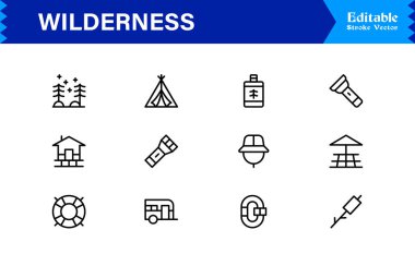 Wilderness line icon set featuring editable, pixel-perfect designs in a simple, clean, and professional style. Ideal for outdoor, survival, and nature-related visuals.