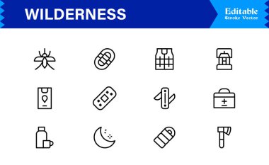 Wilderness line icon set featuring editable, pixel-perfect designs in a simple, clean, and professional style. Ideal for outdoor, survival, and nature-related visuals.