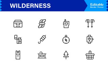 Wilderness line icon set featuring editable, pixel-perfect designs in a simple, clean, and professional style. Ideal for outdoor, survival, and nature-related visuals.