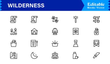 Wilderness line icon set featuring editable, pixel-perfect designs in a simple, clean, and professional style. Ideal for outdoor, survival, and nature-related visuals.