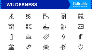 Wilderness line icon set featuring editable, pixel-perfect designs in a simple, clean, and professional style. Ideal for outdoor, survival, and nature-related visuals.