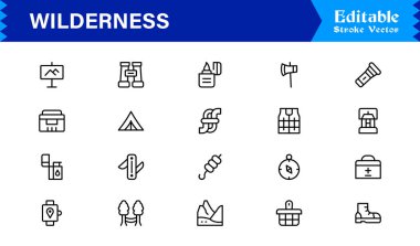 Wilderness line icon set featuring editable, pixel-perfect designs in a simple, clean, and professional style. Ideal for outdoor, survival, and nature-related visuals.