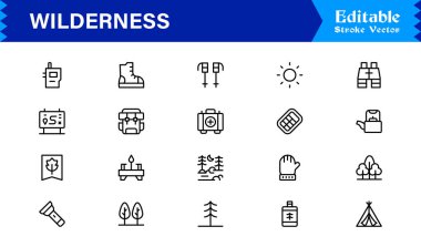 Wilderness line icon set featuring editable, pixel-perfect designs in a simple, clean, and professional style. Ideal for outdoor, survival, and nature-related visuals.