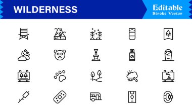 Wilderness line icon set featuring editable, pixel-perfect designs in a simple, clean, and professional style. Ideal for outdoor, survival, and nature-related visuals.