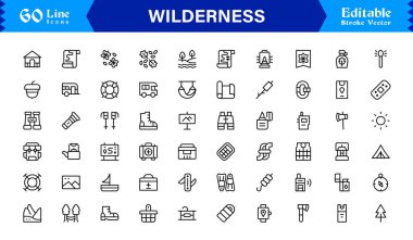 Wilderness line icon set featuring editable, pixel-perfect designs in a simple, clean, and professional style. Ideal for outdoor, survival, and nature-related visuals.