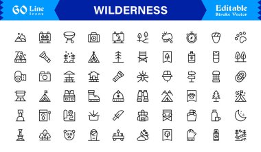 Wilderness line icon set featuring editable, pixel-perfect designs in a simple, clean, and professional style. Ideal for outdoor, survival, and nature-related visuals.