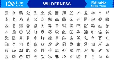 Wilderness line icon set featuring editable, pixel-perfect designs in a simple, clean, and professional style. Ideal for outdoor, survival, and nature-related visuals.