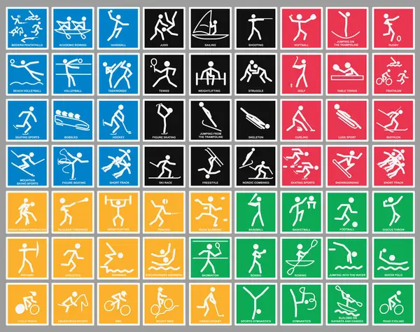 Olimpiyat renklerinde olimpiyat sporu. Spor simgeleri ayarlandı. Her türlü olimpiyat sporunun rozeti. EPS 10.