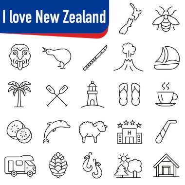 Yeni Zelanda 'yı sembolize eden bir takım ikonlar. Simgeler Yeni Zelanda 'nın macera ruhunu ve güzelliğini yansıtıyor. EPS 10.