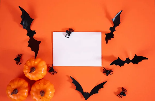 Turuncu balkabaklarıyla, siyah yarasalarla ve turuncu arka planda boş kağıt kağıtlarla yatıyordu. Cadılar Bayramı için sezonluk tasarım şablonu.