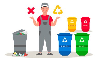 Üniformalı çöpçü, çöp ayıklama hakkında bilgi veriyor. Çöp tenekeleri düz çizimler. Atık ayıklama..