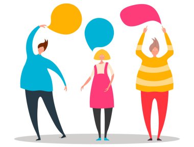 Vektör illüstrasyonu, düz stil, sevimli insanlar konuşma baloncuklarını işaret ediyor. Erkek ve kadın siluetleriyle yaratıcı tasarım. Vektör illüstrasyonu.