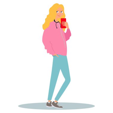 Aleti olan genç bir kadın. Genç bir kız akıllı telefonuyla fotoğraf çekiyor. Düz bir şekilde vektör illüstrasyonu